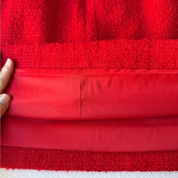 J.Crew Red Tweed Mini Skirt Gold Button Pockets Fringe Trim Classic Parisian - Picture 12 of 15